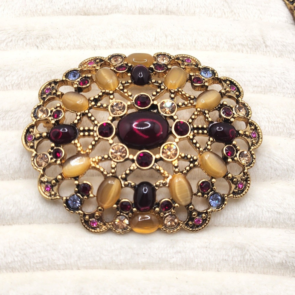 Vintage Monet Brooch Rhinestone Filigree Edwardian Style Burgundy Collectible